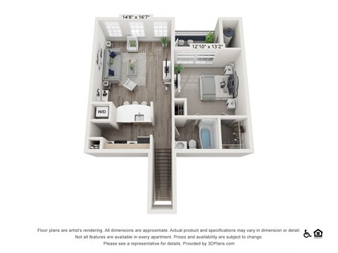 Floor plan for 1 bed, 1 bath, 768 sqft